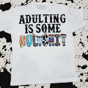 Adulting Western Bull Skull White T-Shirt Short Sleeve Graphic Tee